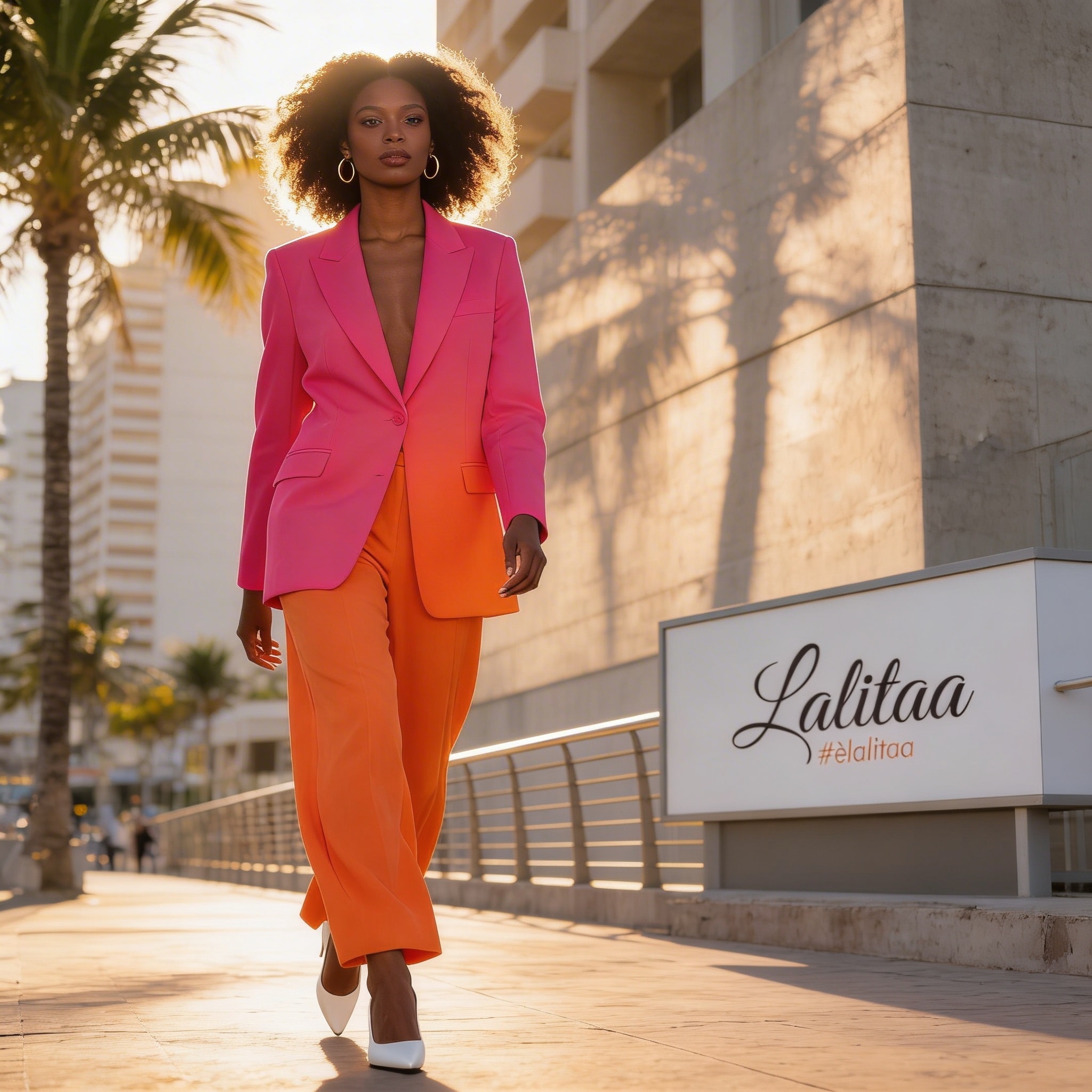 Modelo Lalitaa com terno rosa e laranja